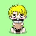 cute baby boy drinking bubble milk tea character design Royalty Free Stock Photo