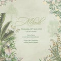 Invitation card for mehndi night. Watercolor grungy background with Mughal tropical tree, flowers, plants and leaves. Royalty Free Stock Photo