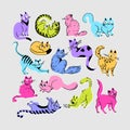 Multicolored bright cats in various poses and different breeds in cartoon style