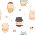 Seamless vector pattern with cute cats in coffee cups