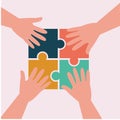 People hand with puzzle, cooperation, solidarity, building ideas together