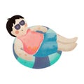 Watercolor vector cute boy with sunglasses chilling on swimmng ring Royalty Free Stock Photo