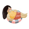 Watercolor vector cute girl with sunglasses chilling on swimmng ring Royalty Free Stock Photo