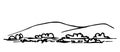 Simple hand-drawn black outline vector sketch. Nature, landscape. Hills, mountains on the horizon, stones, bush, grass Royalty Free Stock Photo