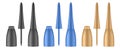 Set of multicorored eye liner bottles. Realistic vector mockup. Black, blue and gold liquid liners