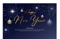 Happy New Year background with fireworks and Christmas balls. Vector illustration.
