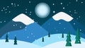 flat design landscape in winter with snow mountain moon trees hills at night