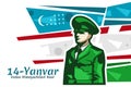 Translation: January 14 is Day of Defenders of the Motherland. Happy Uzbek Army Day vector illustration.