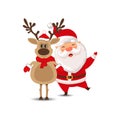 A happy Christmas reindeer and Santa cartoon characters in a winter scene,