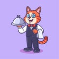 Cute Cat as a waiter Cartoon Character Vector Illustration.