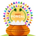 Happy Pongal celebrations greetings with Pongal elements, South Indian Makar Sankranti festival banner