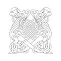 Celtic style animals illustration. Winged lions vector line art.