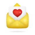 3d icon of open yellow envelope with blank page and red heart on it. Love letter. New message Royalty Free Stock Photo