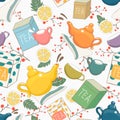 Mobile? set of beautiful, multi-colored traditional tea ware as seamless pattern on white background. Vector illustration