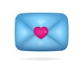 3d icon of blue envelope with pink heart on it. Love letter. New message