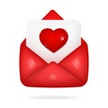 3d icon of open red envelope with blank page and red heart on it. Love letter. New message Royalty Free Stock Photo