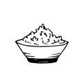 Vector illustration in black outline. Porridge, bowl of boiled rice, side dish, healthy foods. Cooking, label, cafe, recipe, menu. Royalty Free Stock Photo
