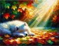 Oil painting of a fluffy Samoyed puppy napping peacefully surrounded by colorful autumn leaves