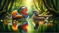 a pair of Mandarin ducks on a calm body of water Royalty Free Stock Photo