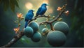 A pair of Spangled Cotinga on a Cannonball tree