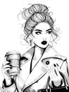 vector fashion woman line art illustration coffee to go cup ink pen drawing, fashion girl illustration hair bun linear hair art