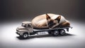 A Siamese cat is peacefully sleeping on the tailgate of a miniature truck