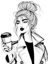 vector fashion woman with coffee to go cup drawing, black and white fashionable illustration with stylish girl wearing trench coat Royalty Free Stock Photo