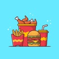 Fast food vector illustration. Hamburger, fries and cola.