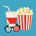 Popcorn, soda glass and 3d movie glasses Royalty Free Stock Photo