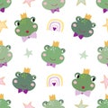 Childish seamless pattern with frog heads and rainbows