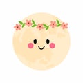 Moon character hand drawn vector. Good night. Smiling moon in flower wreath. Baby character cute moon Royalty Free Stock Photo