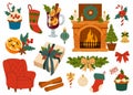 Set Christmas element. Christmas baking, garland, gift and other themed illustrations. Warm cozy hearths with winter holiday decor Royalty Free Stock Photo