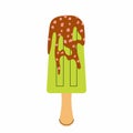 Matcha popsicle on stick. Green tea ice cream drizzled with caramel. Frosted ice. Summer dessert Royalty Free Stock Photo