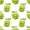 Fresh matcha smoothie with tapioca. Trendy glass jar. Green tea drink. Seamless pattern for textile, wrapping paper, background Royalty Free Stock Photo