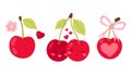 Set ripe cherries. Cute cherries for postcard, sticker, banner, poster for Valentines Day. Flat illustration on white background Royalty Free Stock Photo