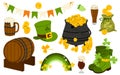 St. Patrick Day. Set of symbols and elements. Glasses of beer, cone hat, cauldron with gold, clover, flags, boots, gold coins Royalty Free Stock Photo