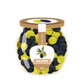 Green and black olives in a glass jar. An ingredient for cooking. Greek traditional cuisine. Flat illustration on white background Royalty Free Stock Photo