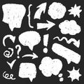Hand drawn cloud of text, arrows, signs. Set of text speech bubbles with crayon texture. Doodle illustration on a black board Royalty Free Stock Photo