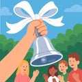 A bell in the hands of a child as a symbol of the end of the school year. Royalty Free Stock Photo