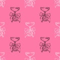 Coquette cocktails seamless pattern. Martini glass with bow. Background for packaging, wallpapers, menu and party Royalty Free Stock Photo