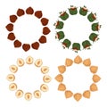 Set round of hazelnuts borders for design. Peeled hazelnuts, in shell, with green leaves and cut. For packaging, food design Royalty Free Stock Photo