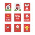 Collection of nine square illustrations and quotes on red backgrounds icons Royalty Free Stock Photo