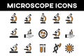 Microscope icon set featuring various stylized microscope designs in black, white, and orange Royalty Free Stock Photo