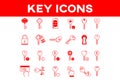 A collection of red key-themed icons on a white background with a red banner at the top labeled \
