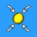 Bright Yellow Coin Centered By Four Arrows Pointing Inward On Blue Background for Finance and Investment Concept Royalty Free Stock Photo