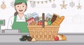Smiling Cashier with Festive Basket â Warm Holiday Spirit for Merry Christmas Royalty Free Stock Photo