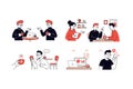 Illustrated scenes depicting people in casual settings engaging with mobile devices and laptops Royalty Free Stock Photo