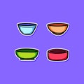 Set Of Four Colorful Cartoon Bowls On Purple Background For Kitchen And Food Packaging Royalty Free Stock Photo