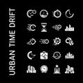 Urban Time Drift Icons: Clock, Cityscape, Gears, Hourglass Royalty Free Stock Photo