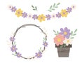 Spring floral elements for Easter design. Flower garland, wreath frame on white background. Pastel flat vector set Royalty Free Stock Photo